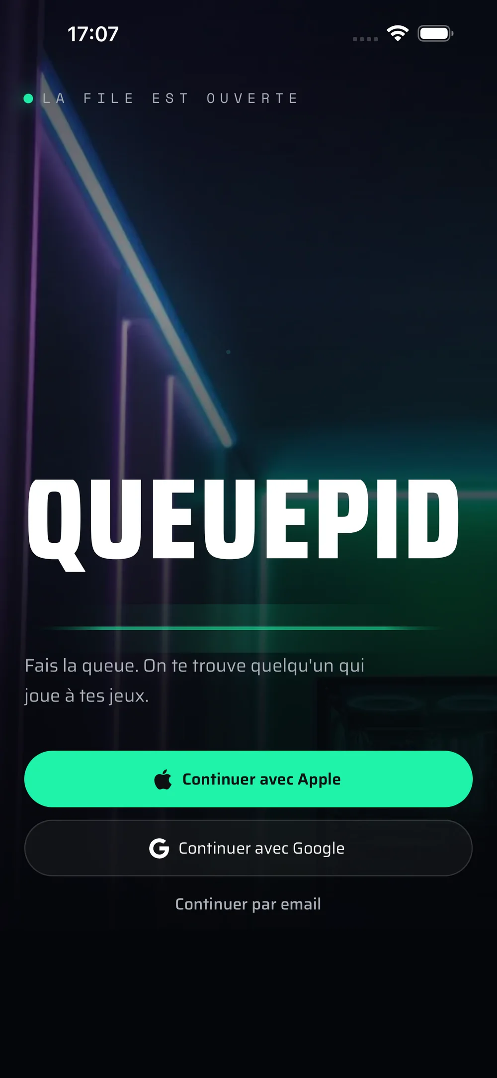 La pantalla de inicio de Queuepid, el logotipo en grande sobre la cola de luz.