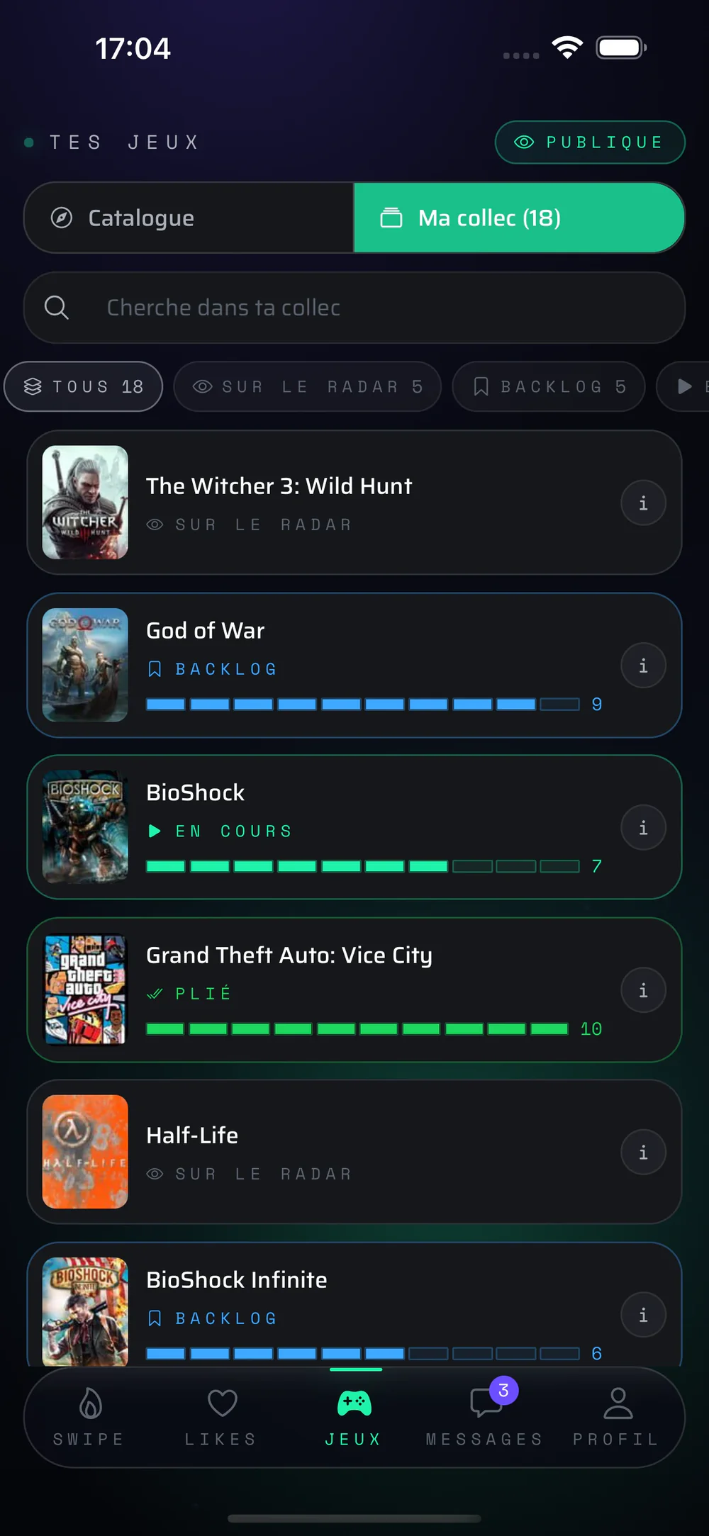 Mi colección: la lista de juegos con su estado y las barras de nota sobre 10, juego por juego.