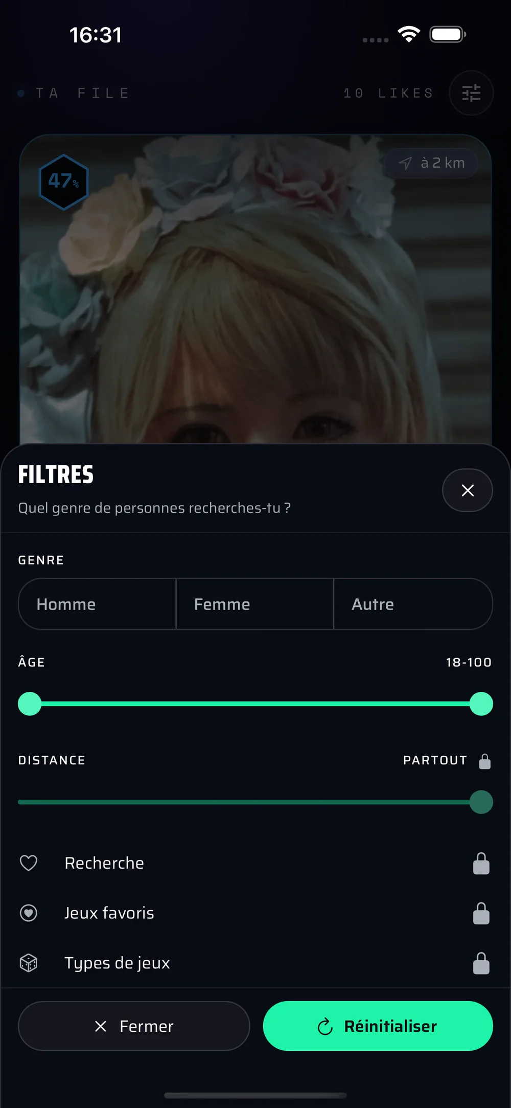 El panel de filtros: el género, el rango de edad y la distancia, cada uno en su control deslizante.