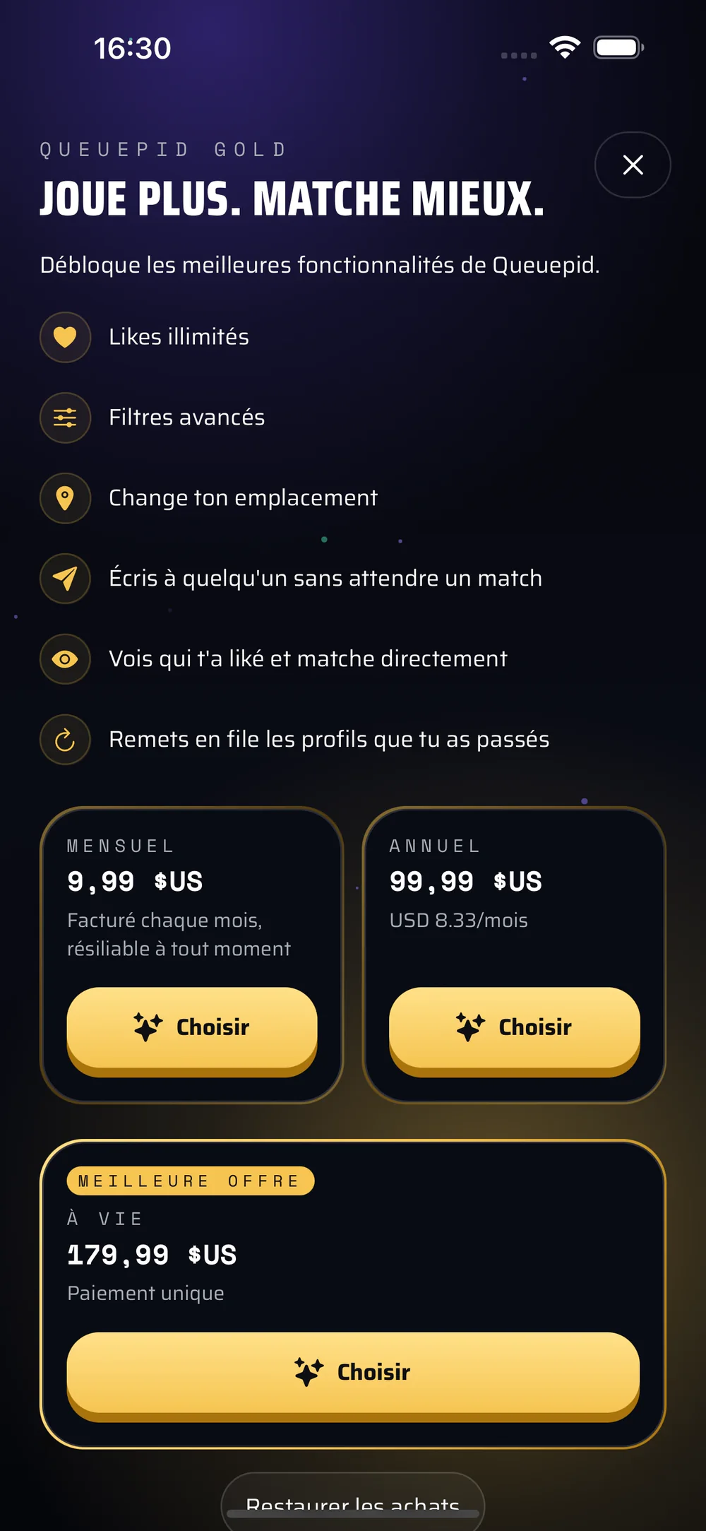 La pantalla de suscripción a Queuepid Gold: la lista de funciones desbloqueadas y luego los planes mensual, anual y de por vida.