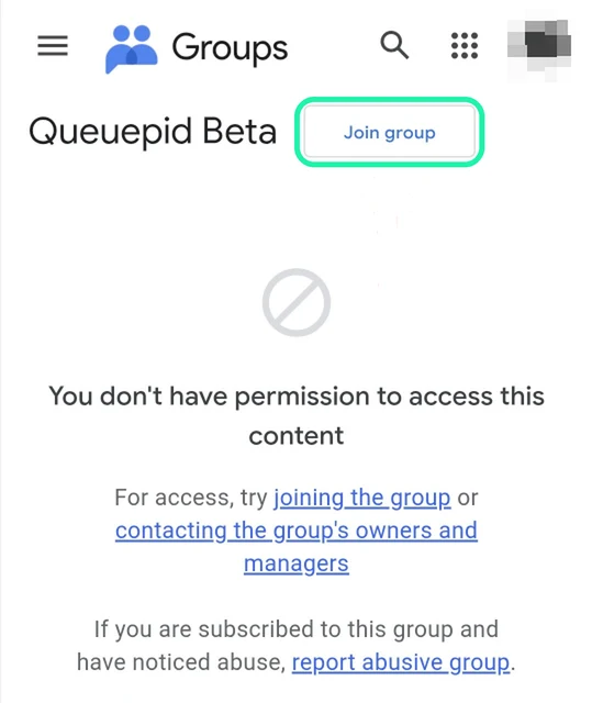 El grupo de Queuepid en Google Groups, con el botón Join group rodeado
