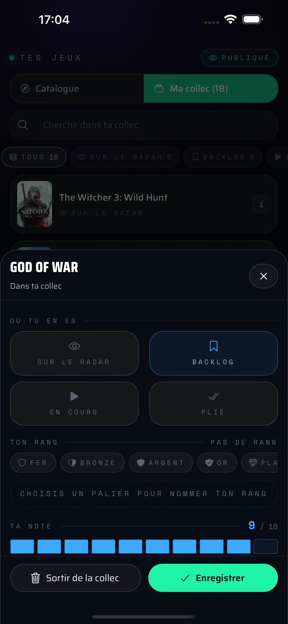 El panel de un juego en la aplicación: God of War, su estado en tu colección, el rango que alcanzaste en él y tu nota de 9 sobre 10.