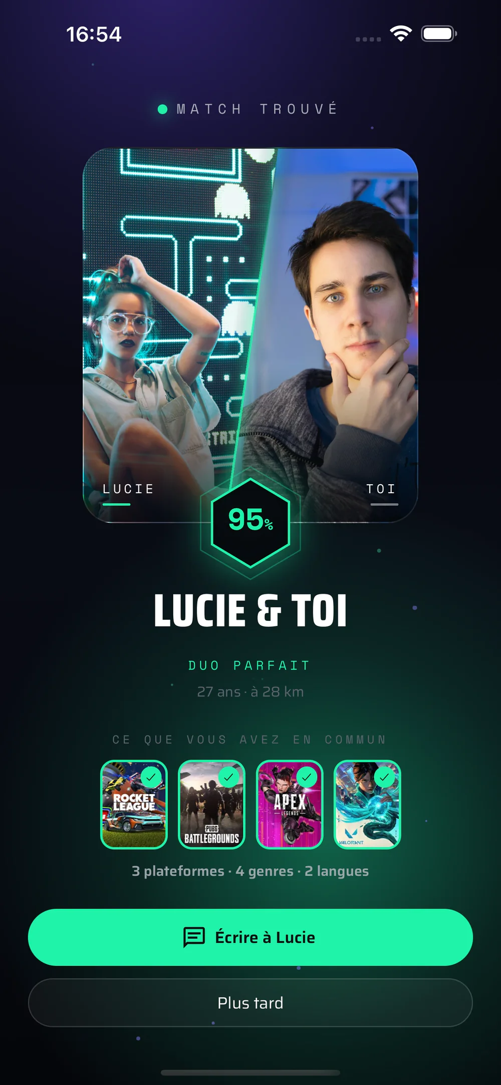 La pantalla de celebración de match: Lucie y tú, 95 % de compatibilidad, con las carátulas de los juegos que tienen en común.