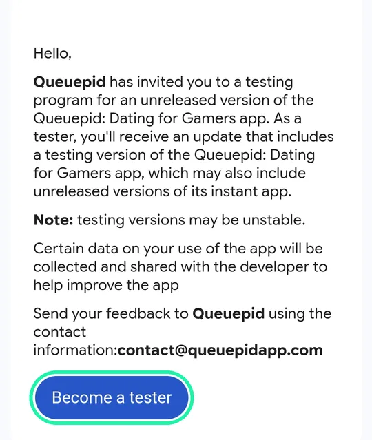La invitación a la prueba de Queuepid en Google Play, con el botón Become a tester rodeado