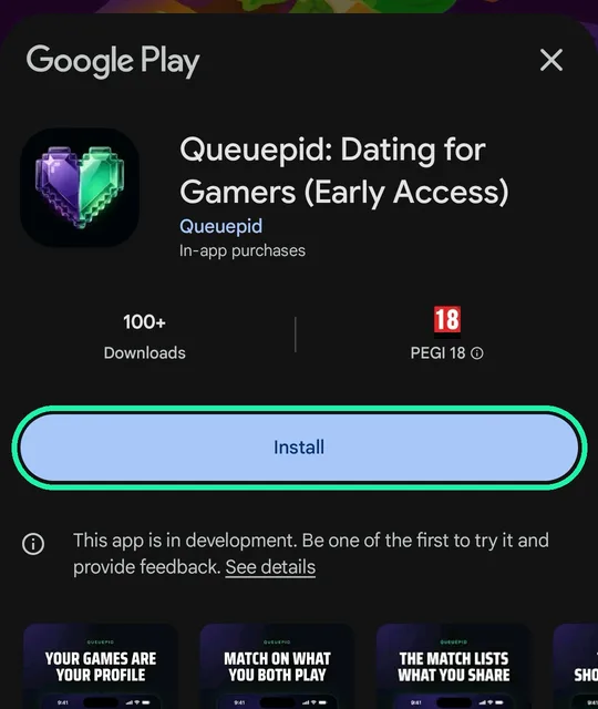 La ficha de Queuepid en Play Store, con el botón Install rodeado