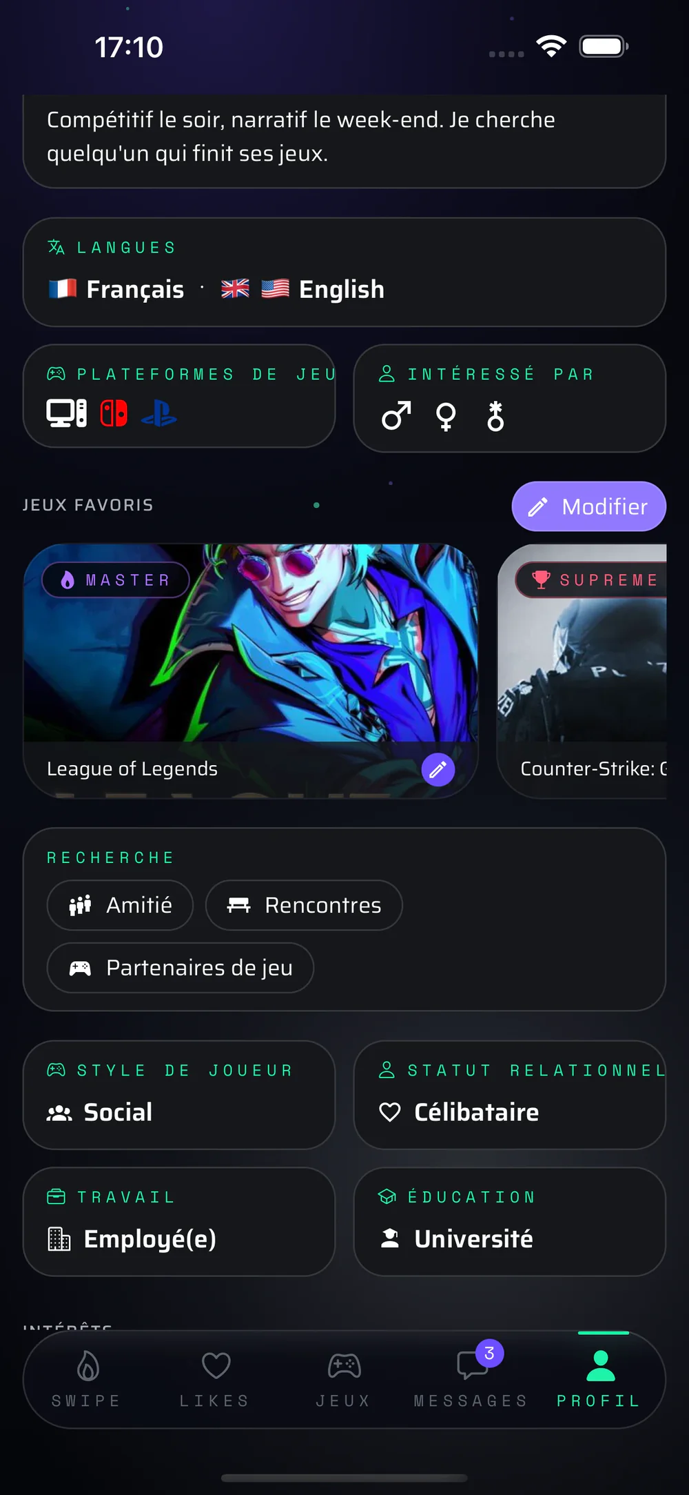 Un perfil completo: la bio, los idiomas, las plataformas de juego y los juegos favoritos con el rango alcanzado en cada uno.