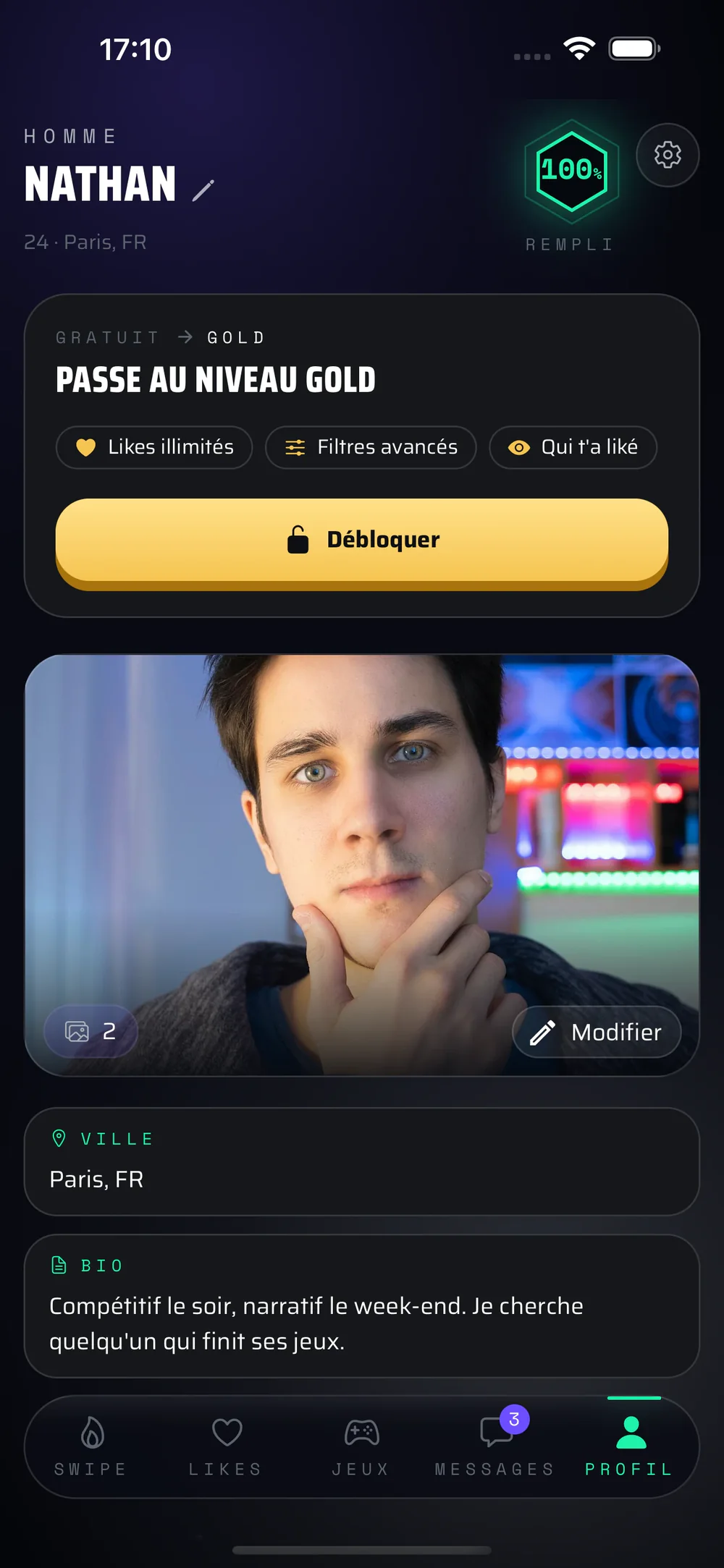 Tu propio perfil: tu nivel de completado, tus fotos, tu ciudad y tu bio.