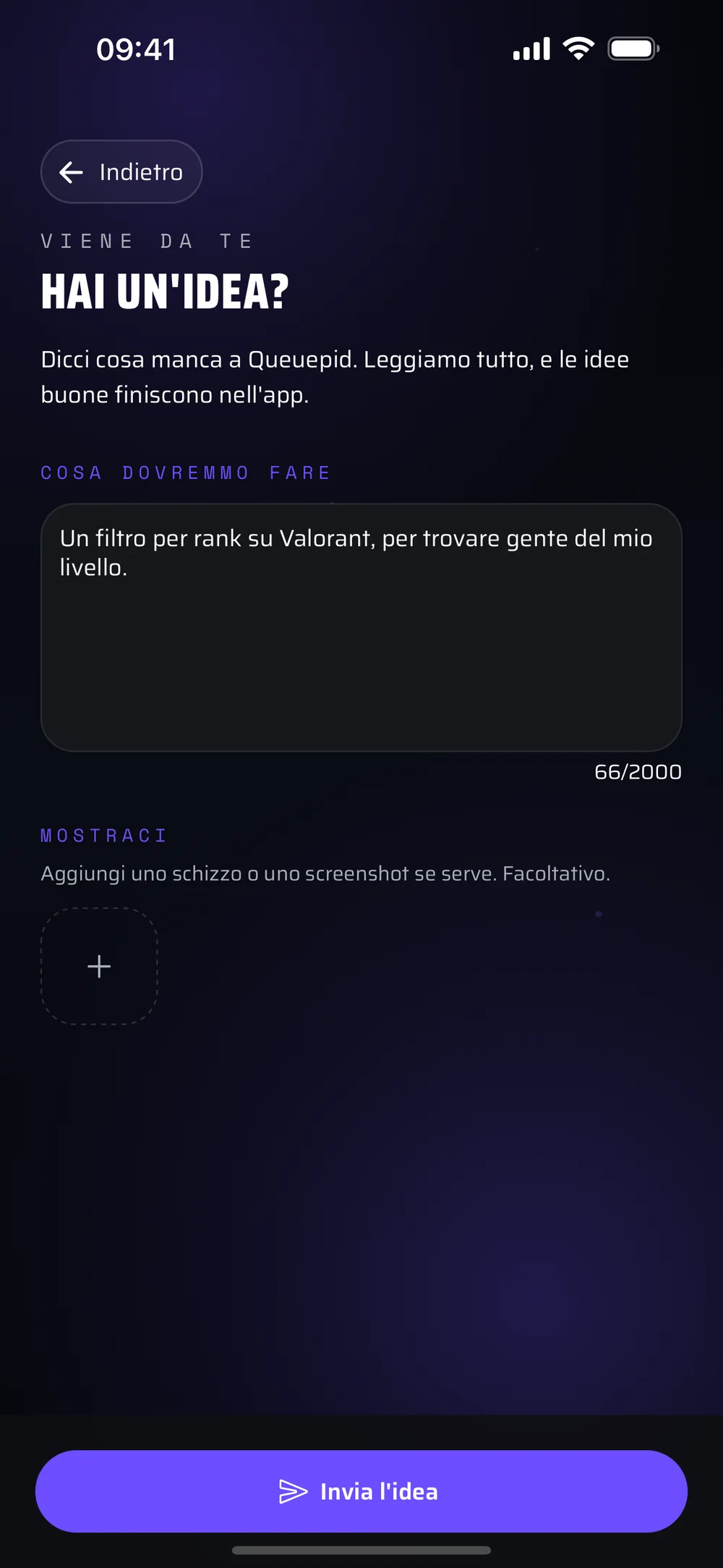 La schermata delle idee dell'app, con l'idea di un filtro per rank scritta nel campo