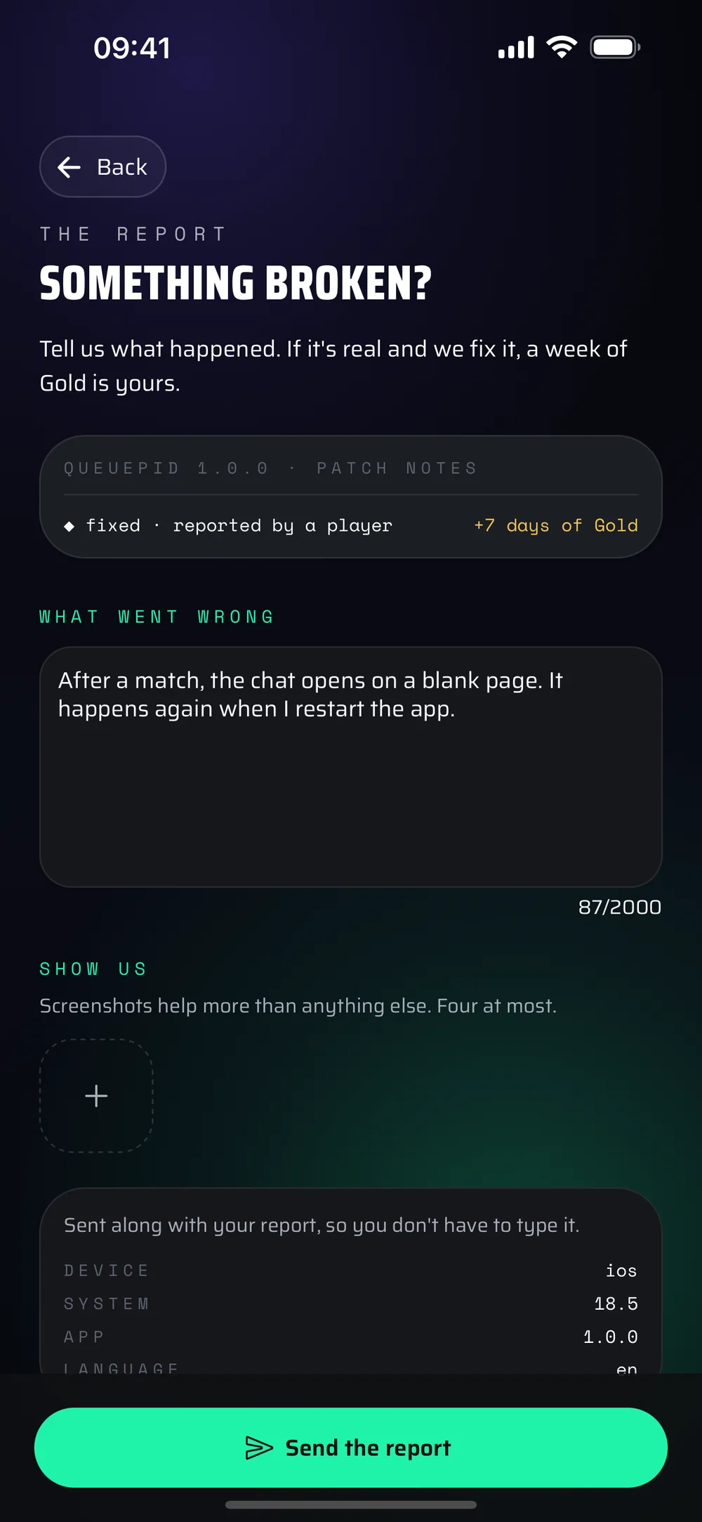 The app's bug report screen, with a bug described in the text field