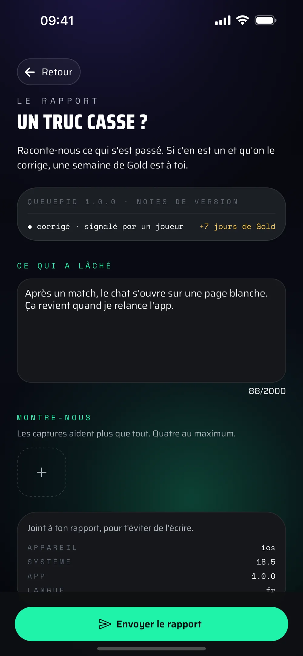 L'écran « Un truc casse ? » de l'app, avec un bug décrit dans le champ